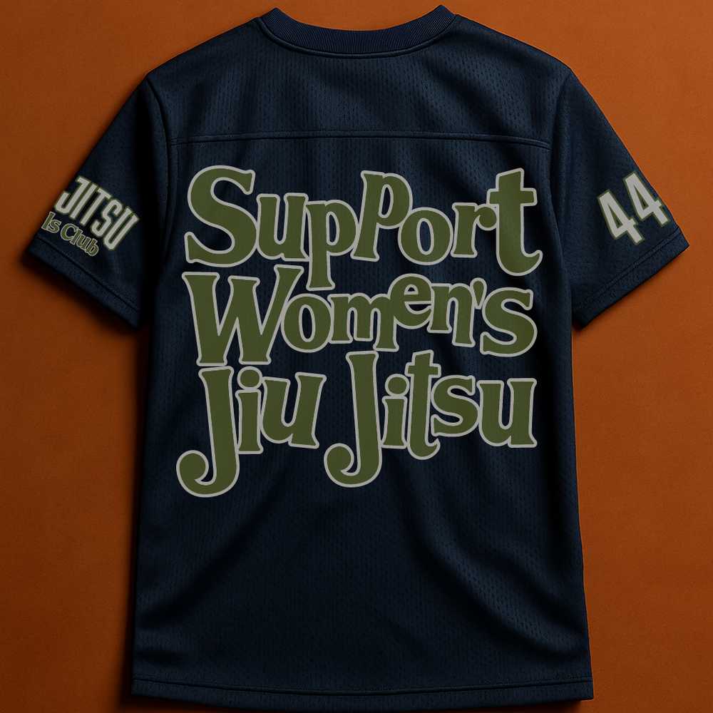 Black t-shirt with 'Support Women's Jiu Jitsu' text on an orange background