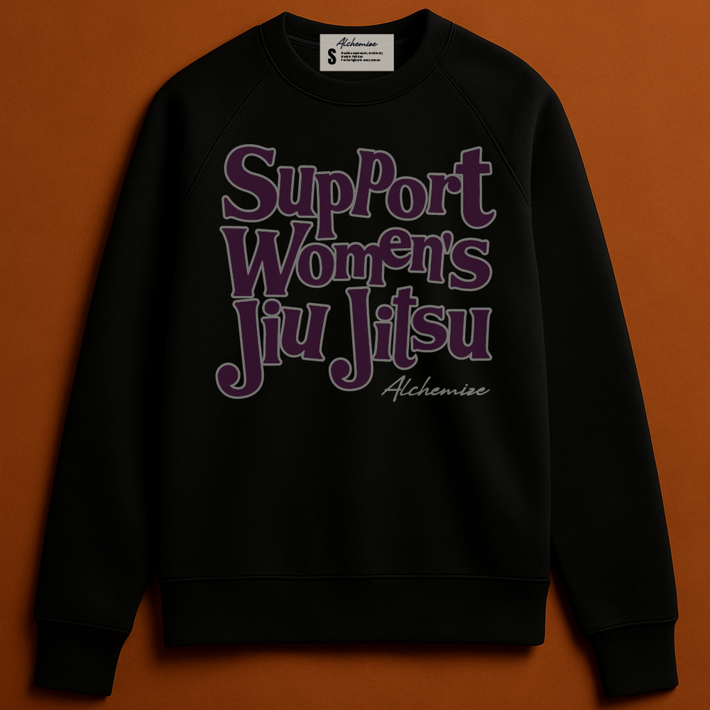 Black sweatshirt with 'Support Women's Jiu Jitsu' text on an orange background