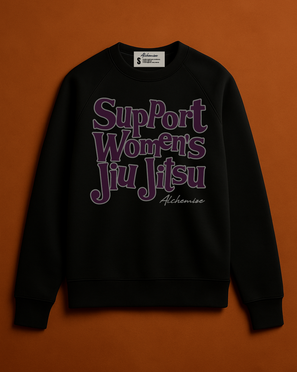 Black sweatshirt with 'Support Women's Jiu Jitsu' text on an orange background