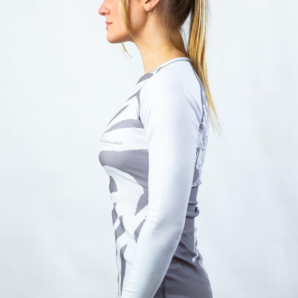 
                  
                    She Rises Long Sleeve Ranked Rash Guard - White Belt - Alchemize Fightwear
                  
                
