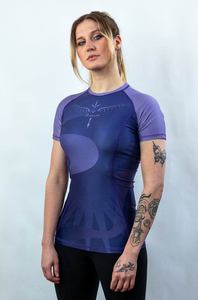 Women's sublimated short sleeve rash guard for jiu jitsu grappling combat - purple